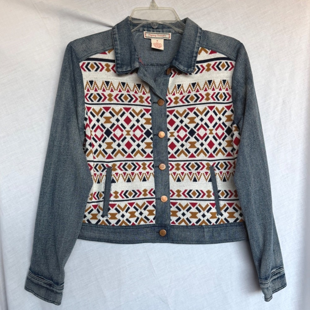 Flying Tomato Denim Jacket Fall Festival Blue Geometric Tapestry Cropped Medium